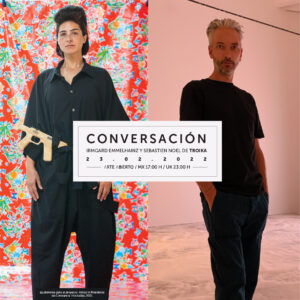 Invitación a la conversación de Sebastien Noel del colectivo Troika y Irmgard Emmelhainz (foto de Irmgard @LakeVerea para el proyecto Artists in Presidents de Constance Hockaday, 2021)
