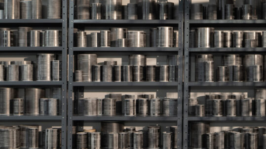 Detalle de "La lata" Grafito y goma de borrar sobre papel en 3 estanterías metálicas 240 x 230 x 30 cm. 2025 Mauro Giaconi